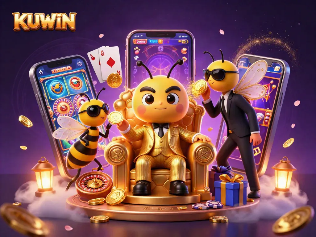 KUWIN invites players to spin the reels in a vibrant, animated casino scene.