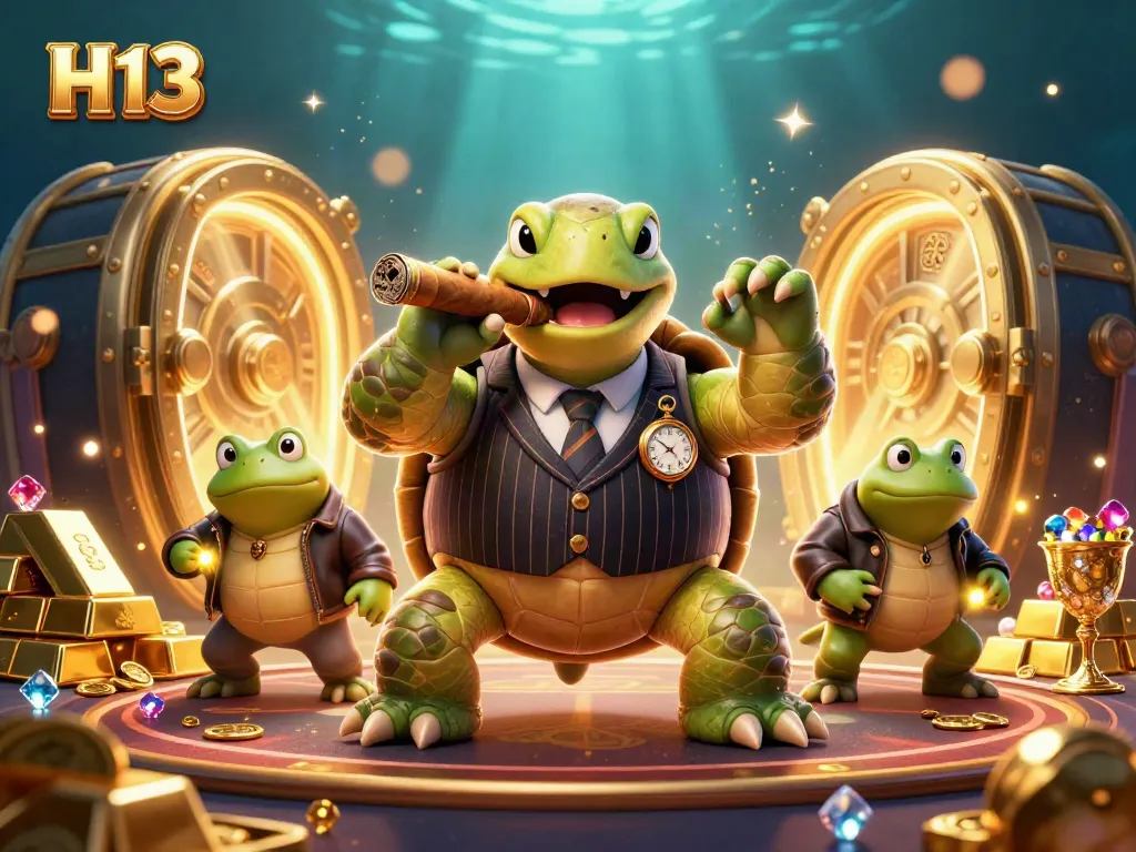 H13 showcases a dynamic cartoon scene with a snapping turtle in a tuxedo surrounded by casino treasures.