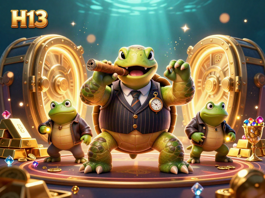 H13 showcases a dynamic cartoon scene with a snapping turtle in a tuxedo surrounded by casino treasures.