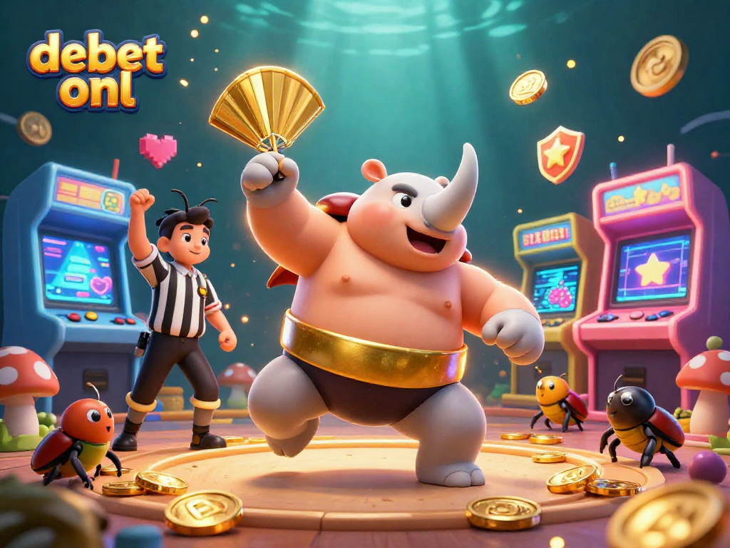 Engage with debet onl as the beetle champion stomps gold coins in a vibrant, gaming-inspired scene.