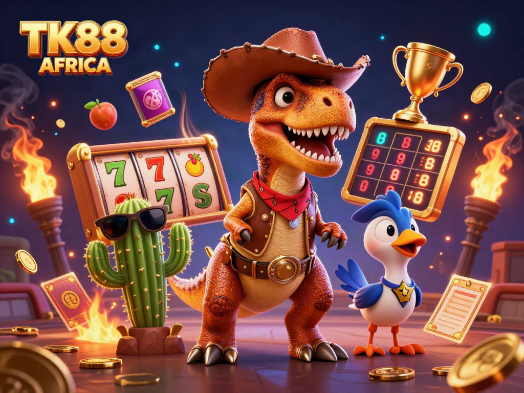 Bet on excitement with TK88 AFRICA featuring a T-Rex and casino elements in vibrant action.