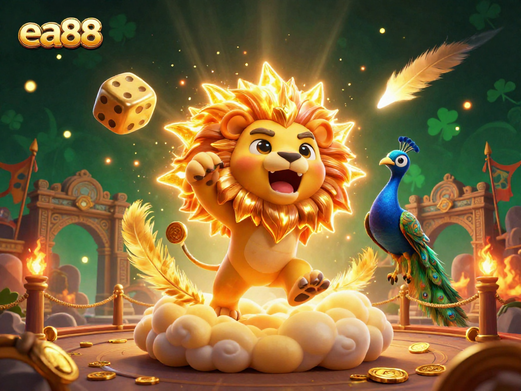 Engage with the thrilling world of ea88, featuring a dynamic 3D lion in a vibrant casino atmosphere.