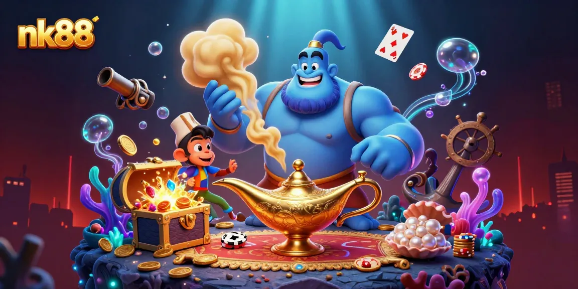 Experience the thrill of nk88 as a muscular genie bursts from a lamp amidst riches and magical elements.