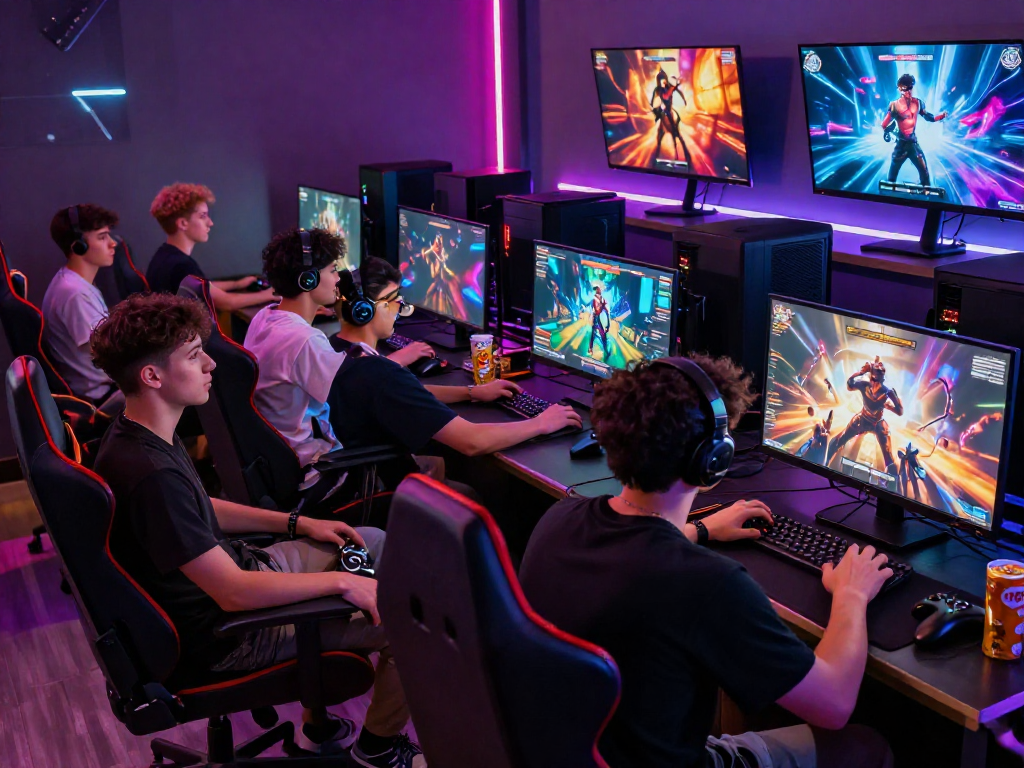 Group enjoying online porn games in a vibrant gaming lounge with vivid graphics.