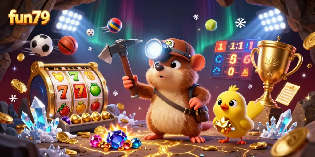 Experience wins with fun79 in this vibrant casino-themed illustration filled with engaging gaming elements.