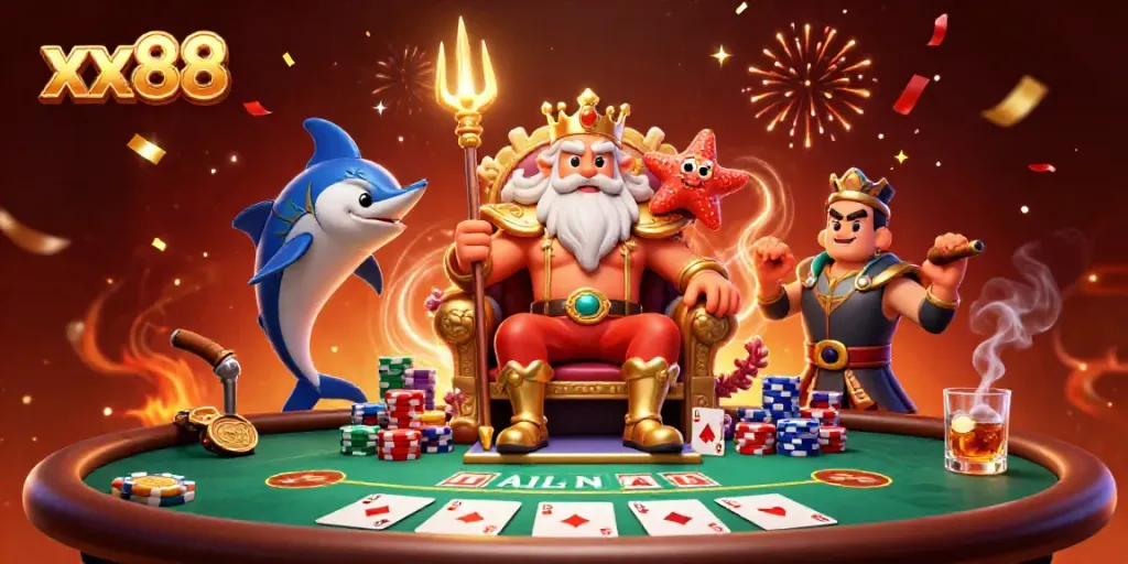 Experience the vibrant world of xx88 casino with Neptune and friends at a thrilling poker table.