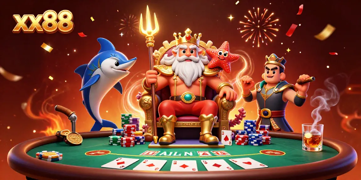 Experience the vibrant world of xx88 casino with Neptune and friends at a thrilling poker table.