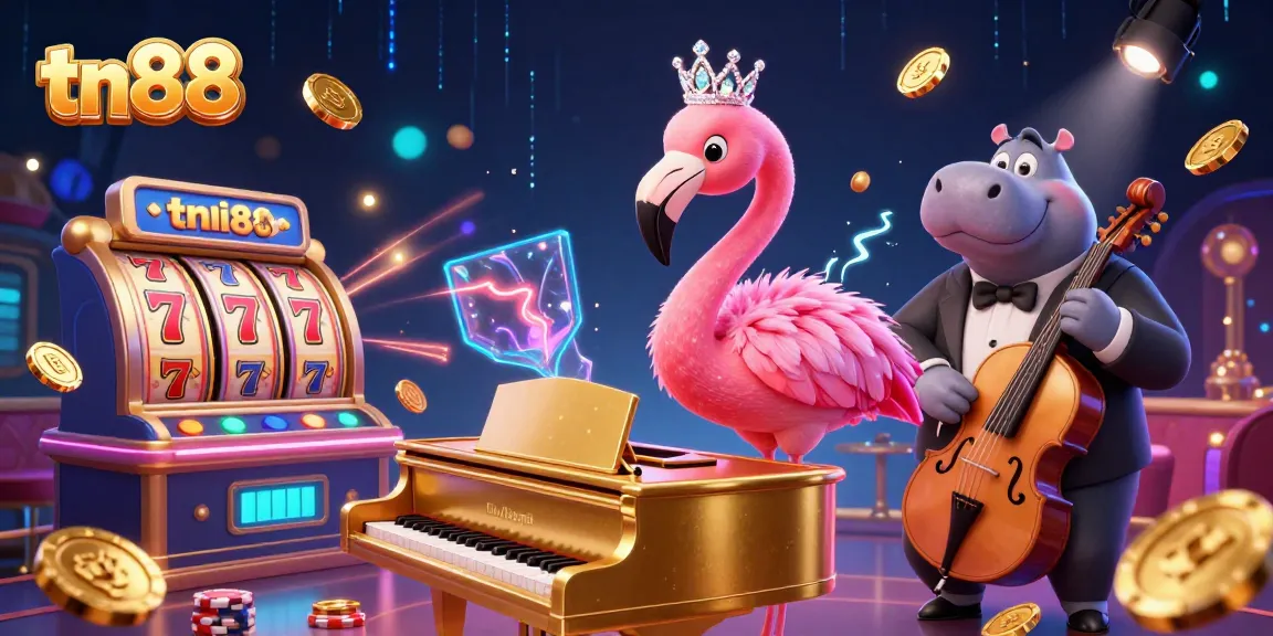 Engage with tn88's vibrant casino scene featuring a flamingo singer and casino elements.