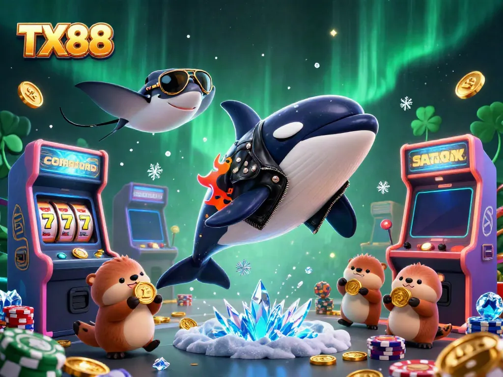 Engage in exciting casino adventures with TX88, featuring a jumping whale, rays, and otters with coins.