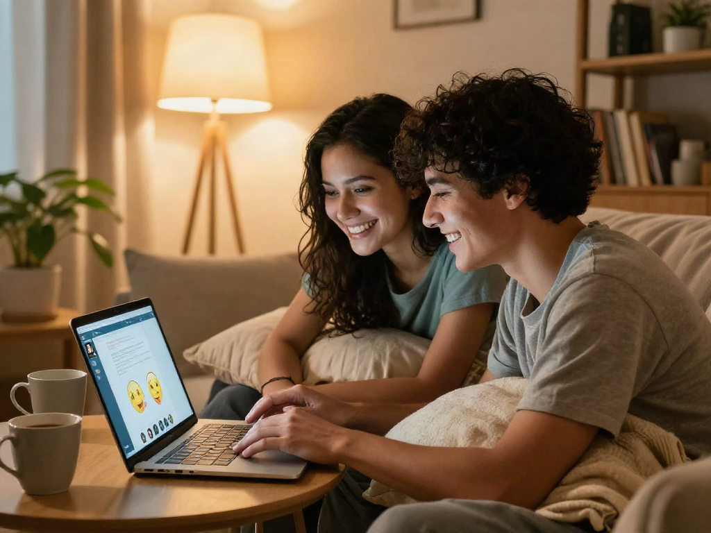 Young couple enjoying a cozy sex chat over video call in a warm home setting.