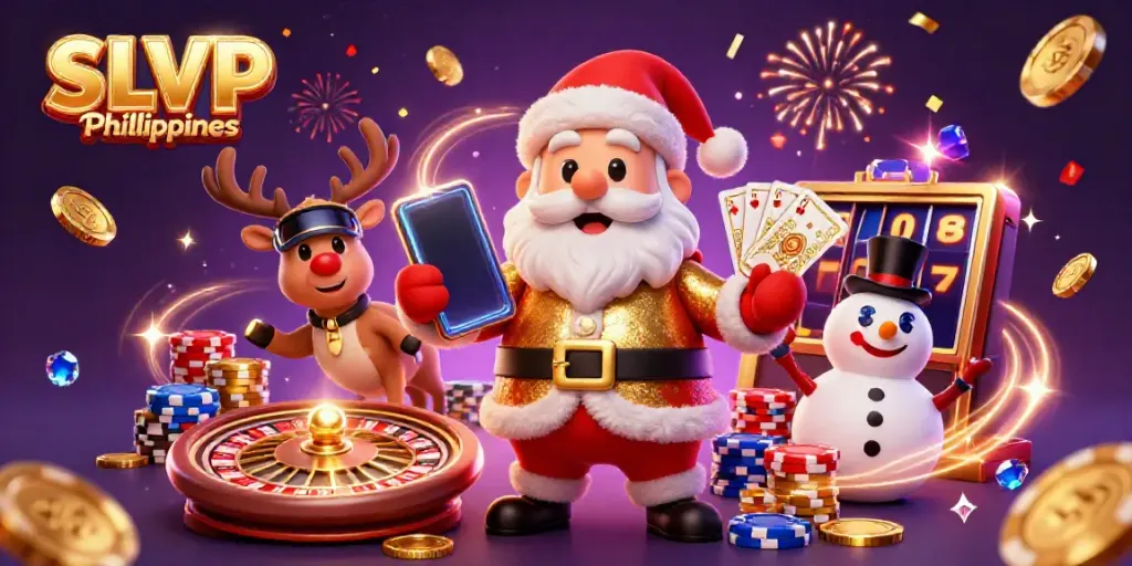 Experience the excitement of SLVIP Philippines with festive characters amidst casino action.