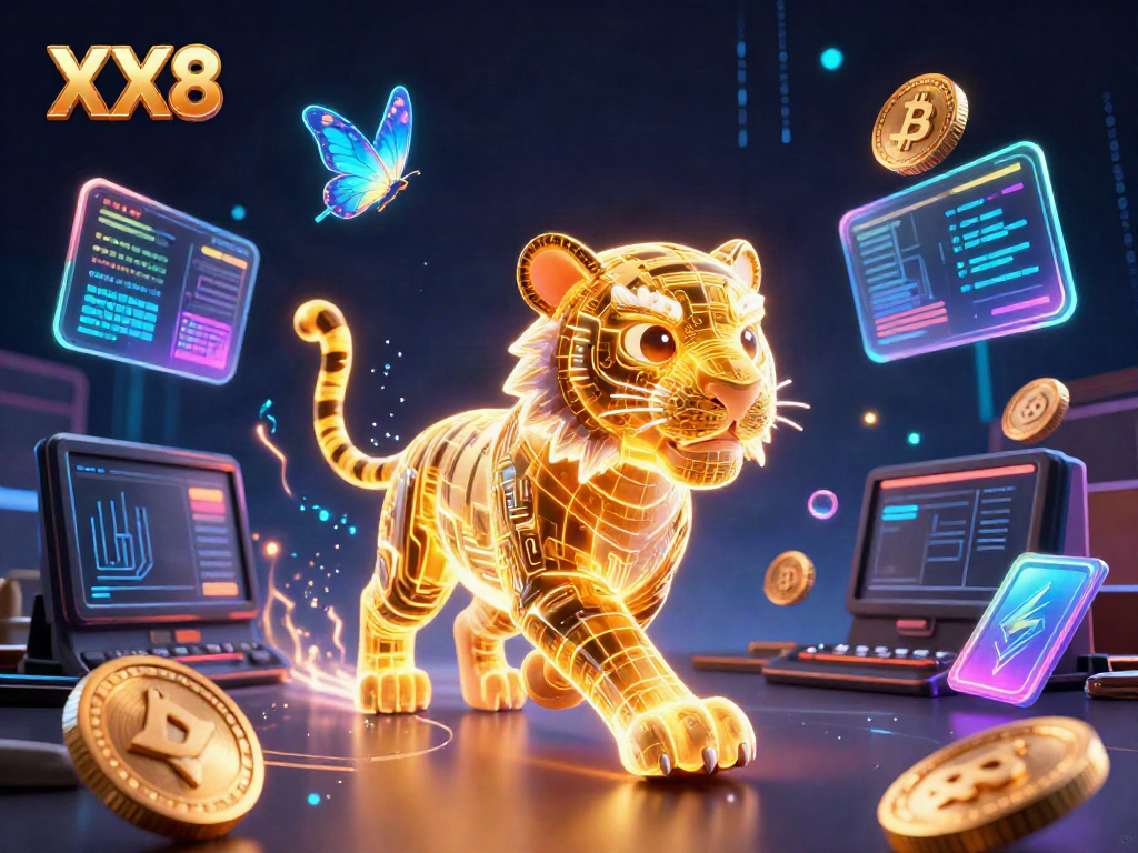 Engage with the captivating XX8 digital casino featuring neon elements and crypto coins.