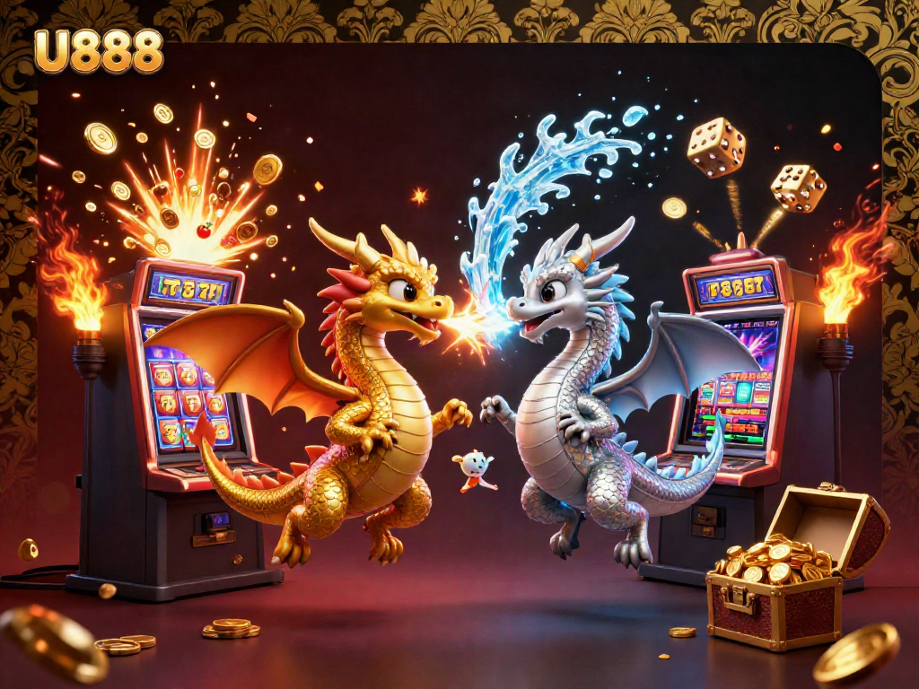 Experience epic U888 jackpots with twin dragons in a vibrant casino scene of excitement and winnings.