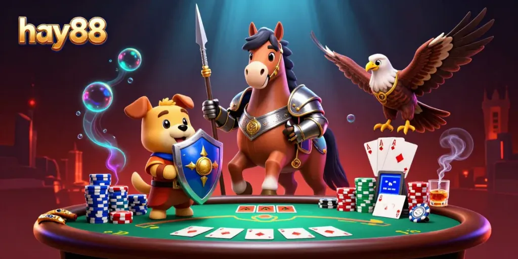 Experience the excitement of hay88 with knight, puppy, and falcon at a vibrant poker table.