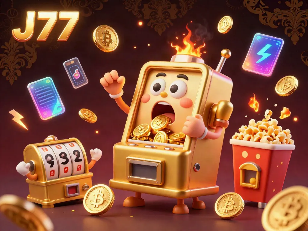 Exciting J77 scene featuring a golden slot machine celebrating a jackpot with cheering baby slot machines and crypto elements.