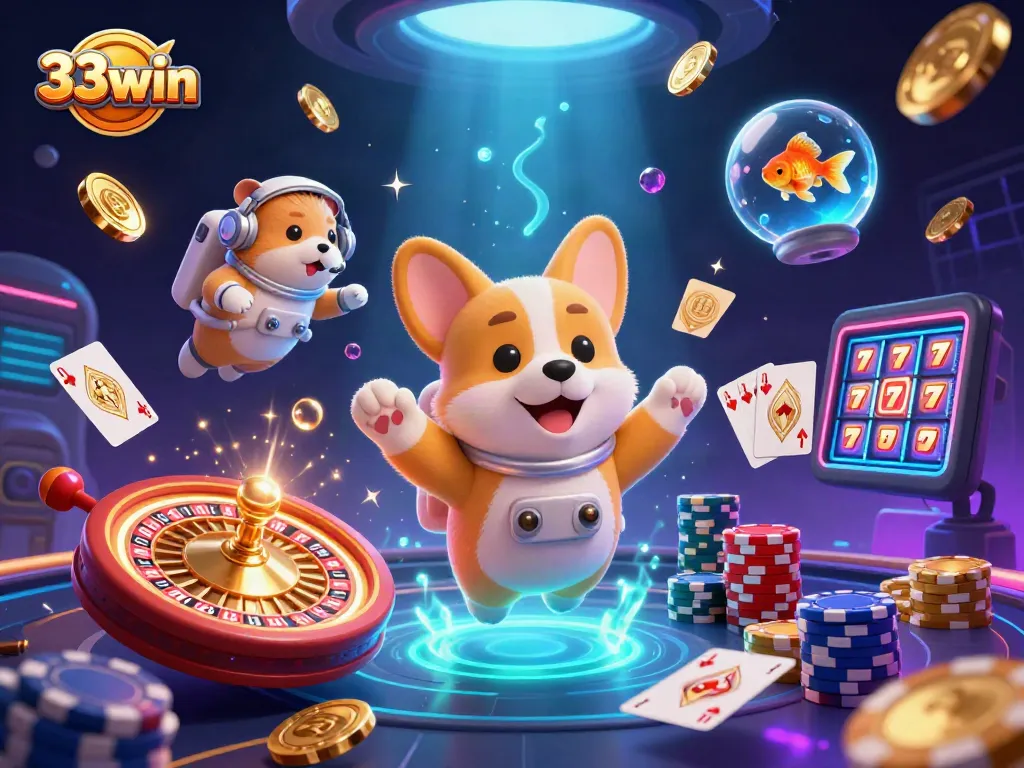 Play and win with 33win in a vibrant casino scene filled with playful characters and dynamic game elements.