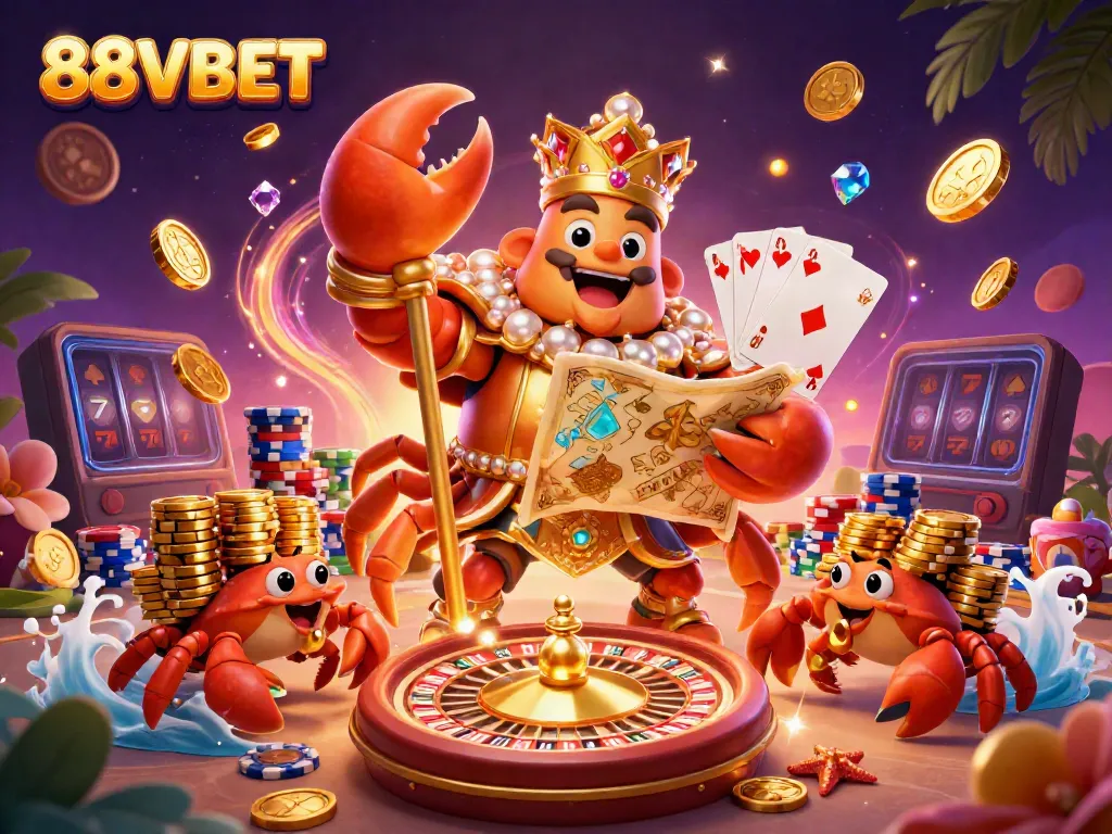 Experience the excitement of 88VBET with a 3D illustration showcasing vibrant gaming elements and a golden crab emperor.