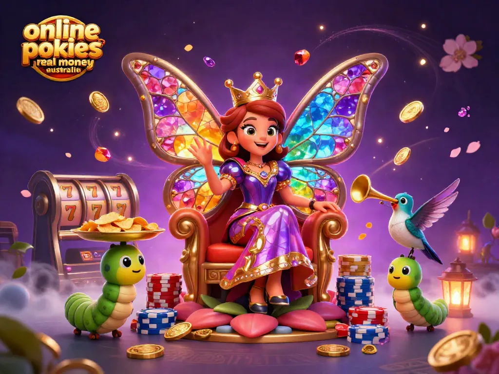 Engage with exciting online pokies real money Australia surrounded by vibrant 3D elements and characters.