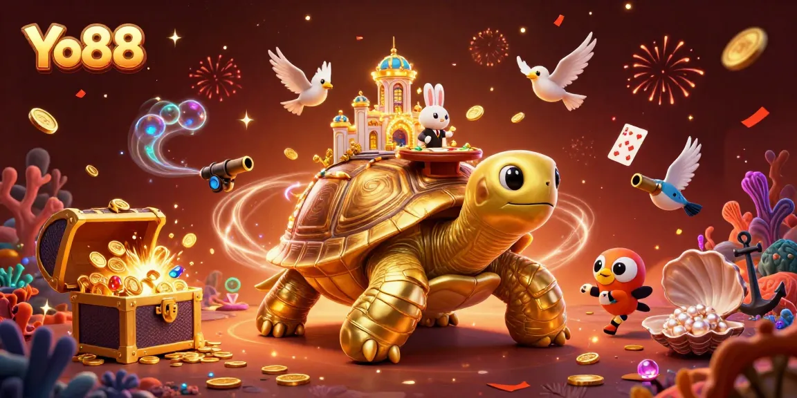 Experience Yo88's vibrant casino scene with a golden tortoise and a rabbit dealer, surrounded by treasures and festive elements.