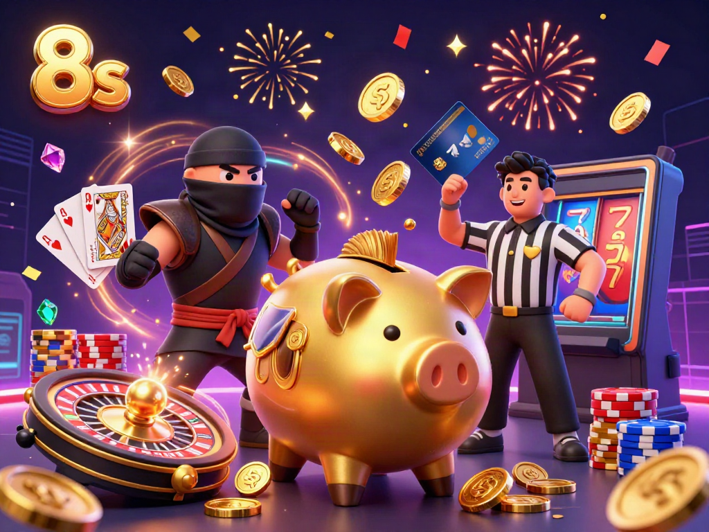 Experience the excitement of 8s casino with a piggy bank sumo wrestler and thrilling gambling elements.