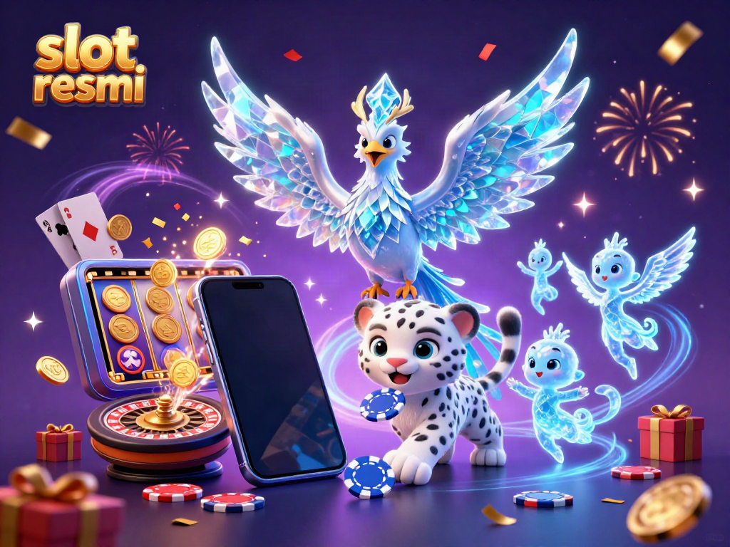 Experience slot resmi excitement with an ice phoenix and whimsical characters in a vibrant casino scene.