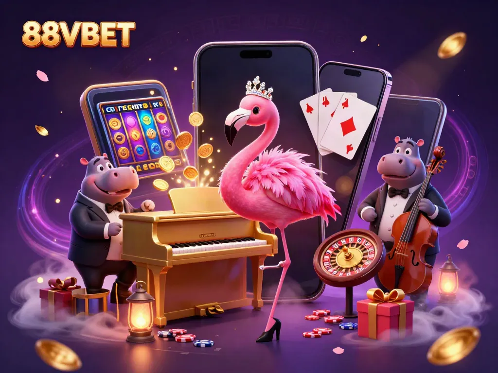 Experience the vibrant casino atmosphere with 88VBET featuring lively characters and exciting games.