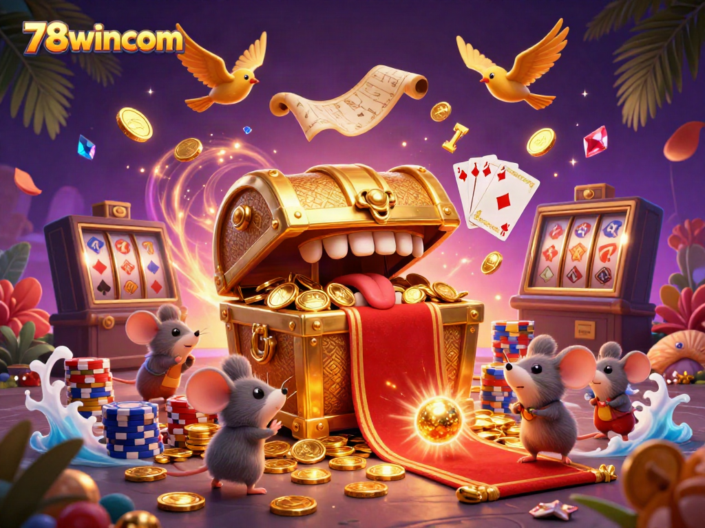 78wincom captures the excitement of online gambling with a vibrant, dynamic casino scene filled with treasures and games.