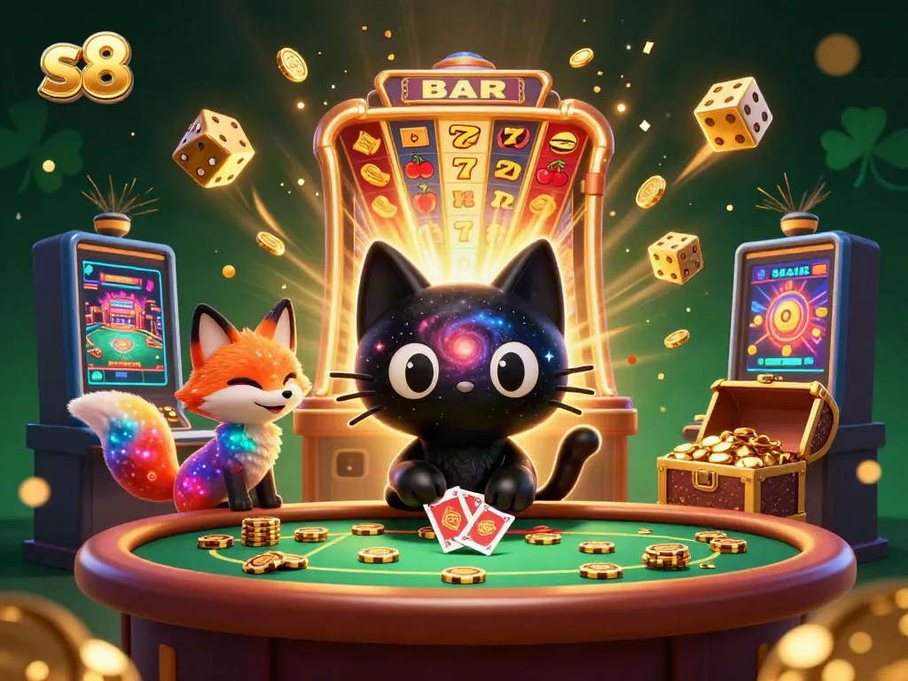 Experience thrilling gameplay at S8 with our black hole cat character pulling in golden chips, emphasizing jackpot vibes.