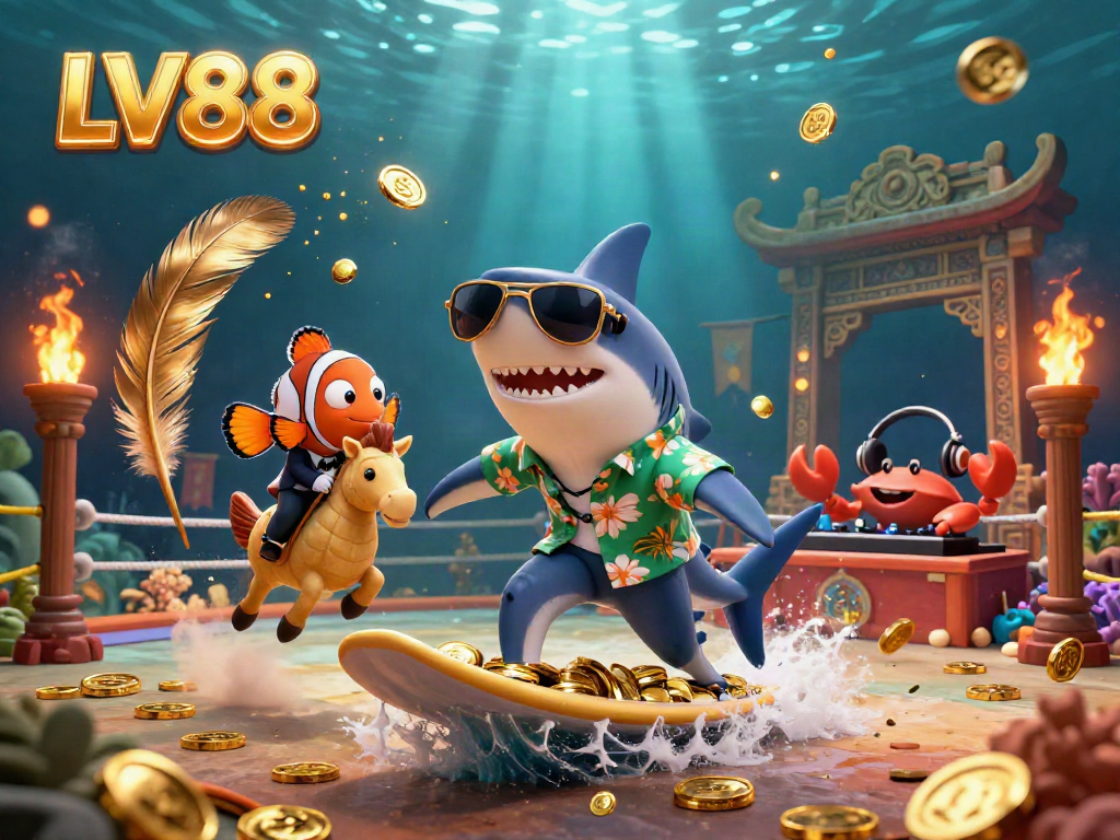 Experience thrilling gambling action with LV88’s colorful underwater casino scene filled with vibrant characters and gold coins.