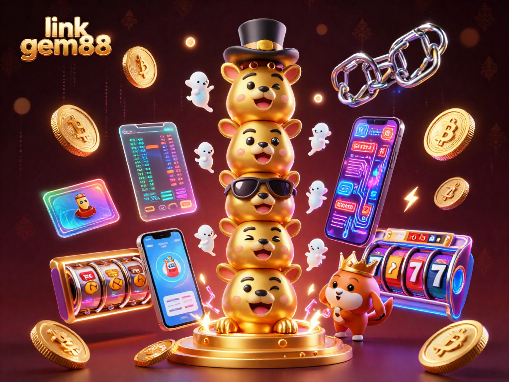 Experience the thrill of gaming with link gem88, featuring a vibrant totem pole and neon cryptocurrencies!