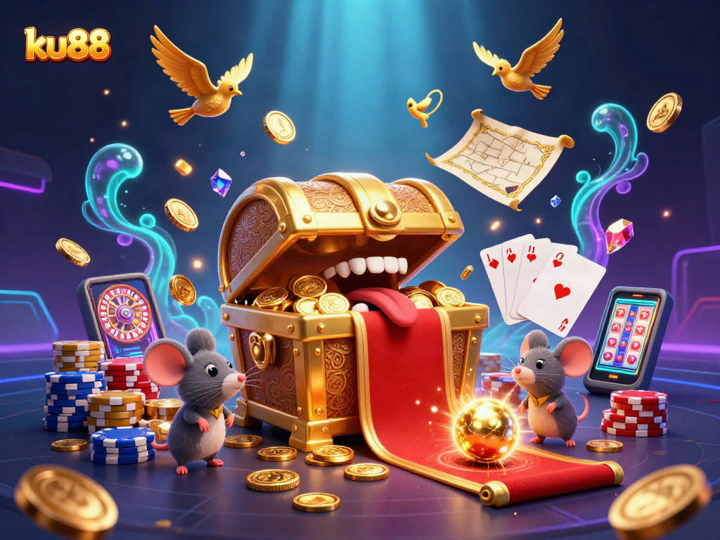 Engage in thrilling online gaming with ku88's vibrant, dynamic casino illustration.