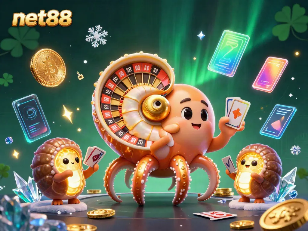 Engage with net88 through a vibrant 3D gaming scene featuring a nautilus-themed roulette, cards, and crypto elements.