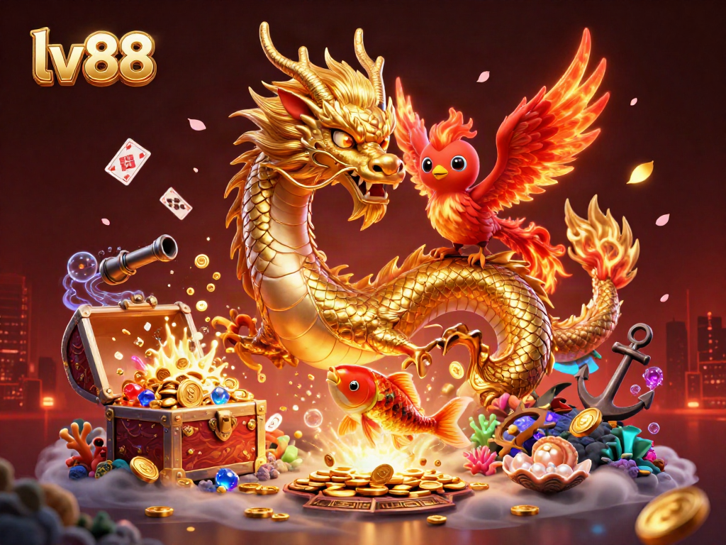 Engage with lv88's exciting gaming world featuring a vibrant scene of a dragon, phoenix, and koi fish.