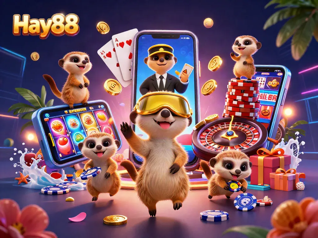 Engage in thrilling casino action with Hay88, featuring meerkats in a dynamic gambling scene.