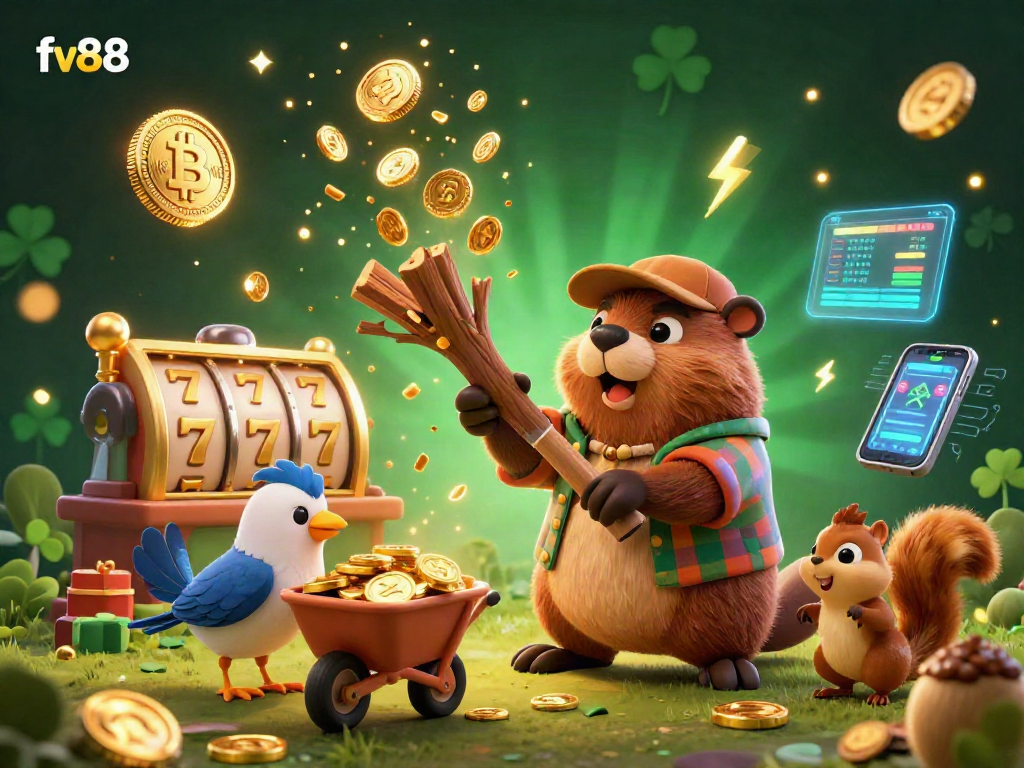 Spin for riches with fv88, as the beaver collects golden coins in this dynamic casino scene!
