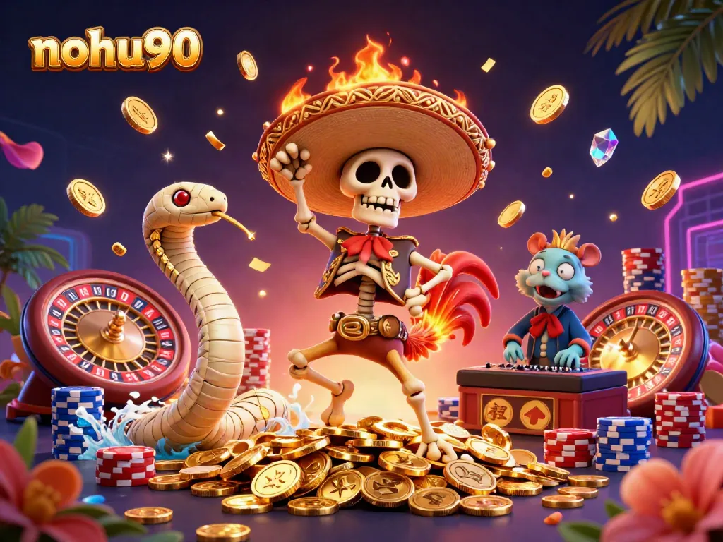 Nohu90 showcases a vibrant 3D carnival scene with a dancing rooster and rich casino elements.