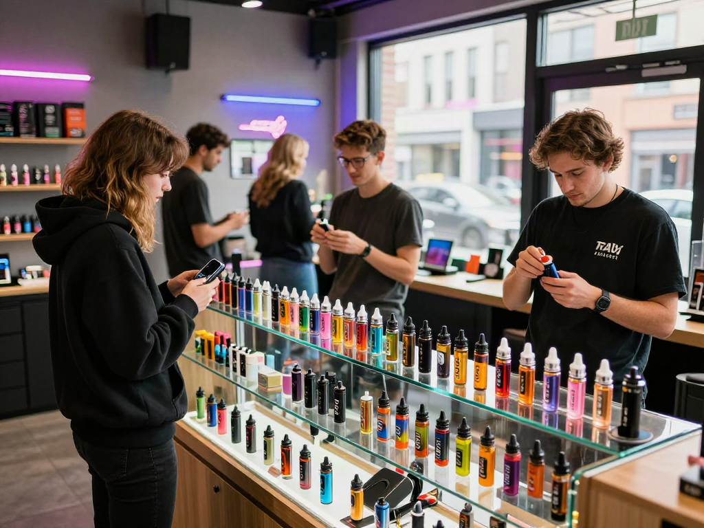 Customers exploring raz vape products in a vibrant vape shop