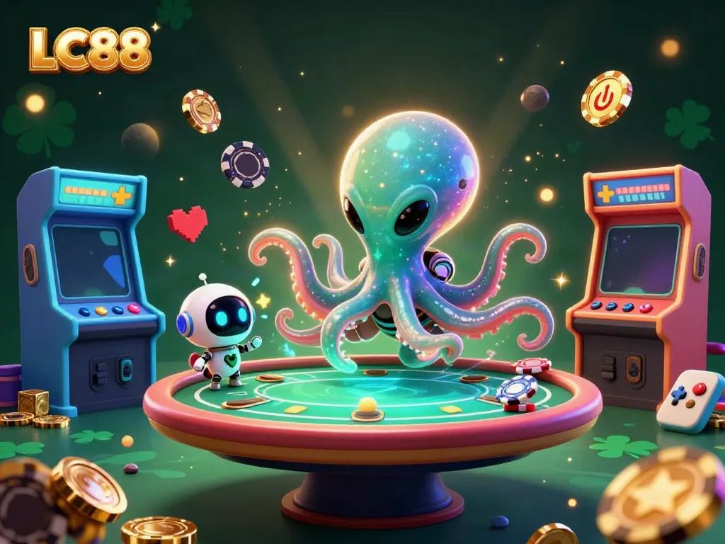 Experience thrilling action at LC88 with a vibrant alien octopus running a holographic poker game.