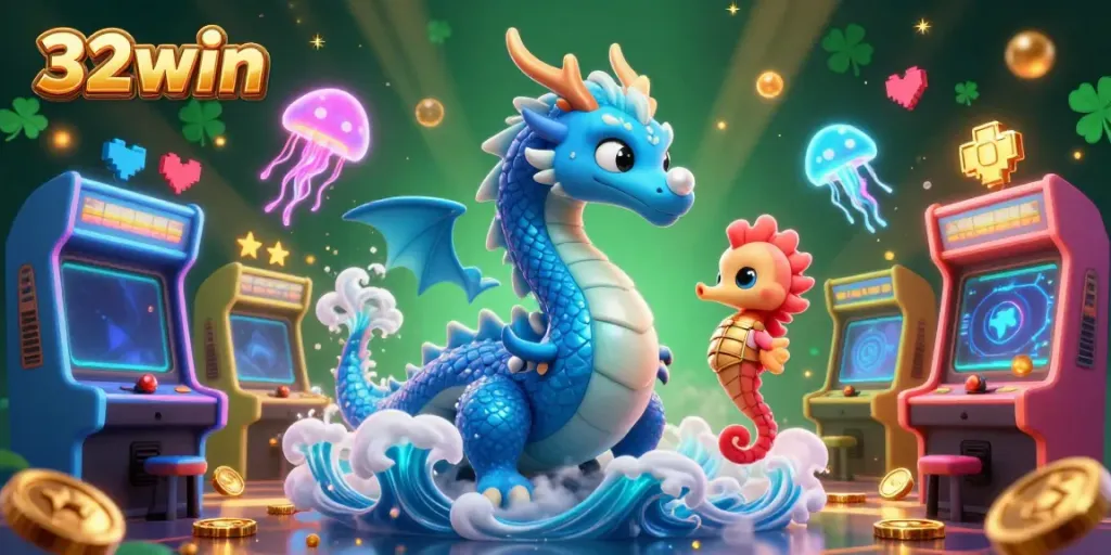 Engage with 32win's enticing casino adventure, showcasing vibrant dragons, knights, and games.