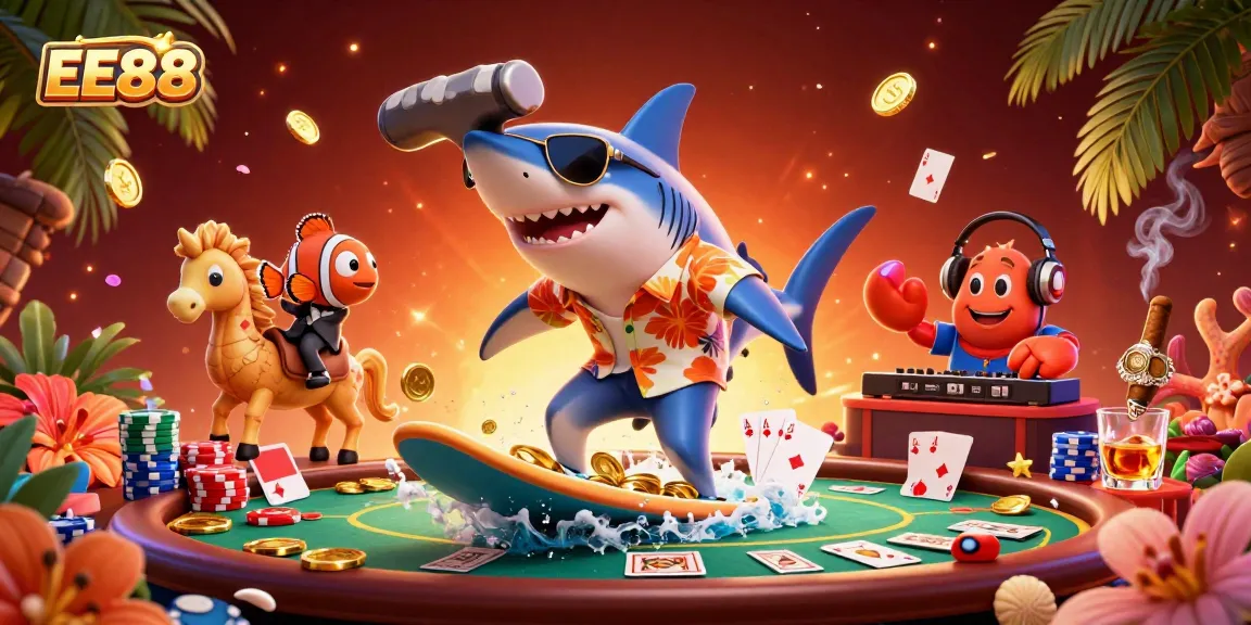Engage in fun with EE88 as a shark and friends surf on a wave of coins at an exciting casino scene.