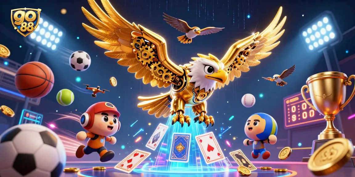 Experience the excitement of go 88 with a dynamic cybernetic eagle soaring through a vibrant casino scene.