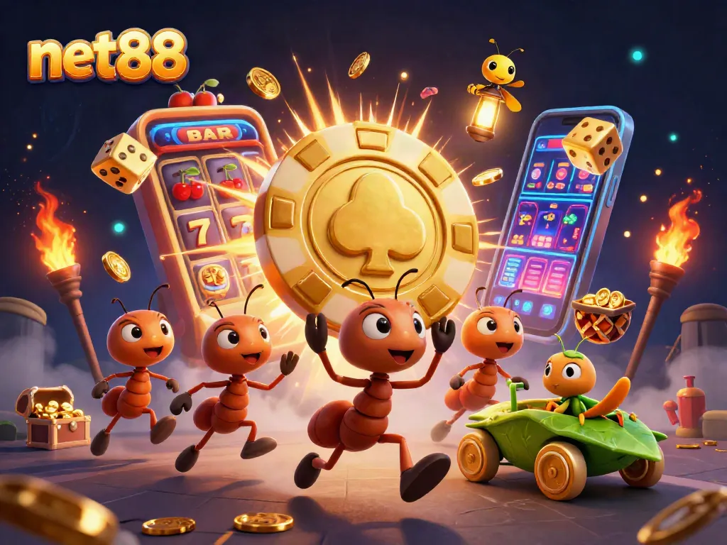 net88 ants orchestrating a gambling heist with a giant poker chip surrounded by vibrant casino elements
