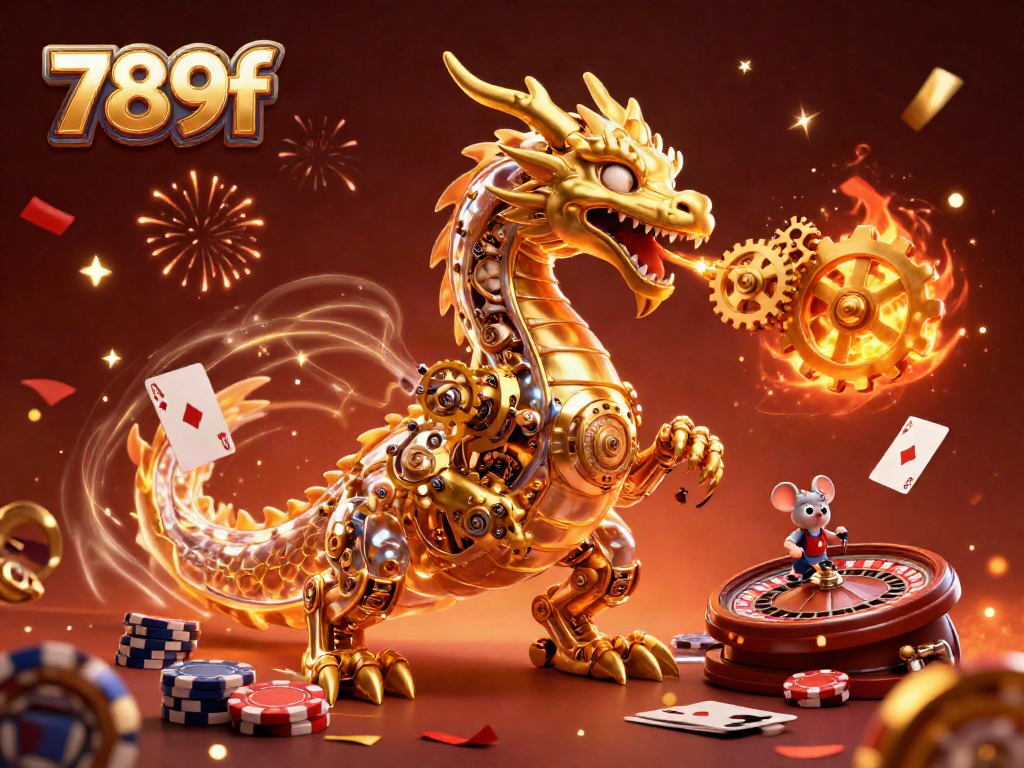 Engage with 789f's golden dragon amidst a vibrant casino scene filled with poker and roulette.