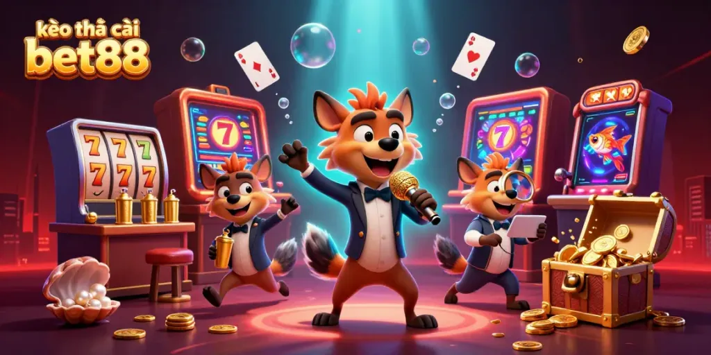 Engaging scene of hyenas in a comedy casino showcasing fun with kèo nhà cái bet88 theme surrounding slots, games, and joyful characters.