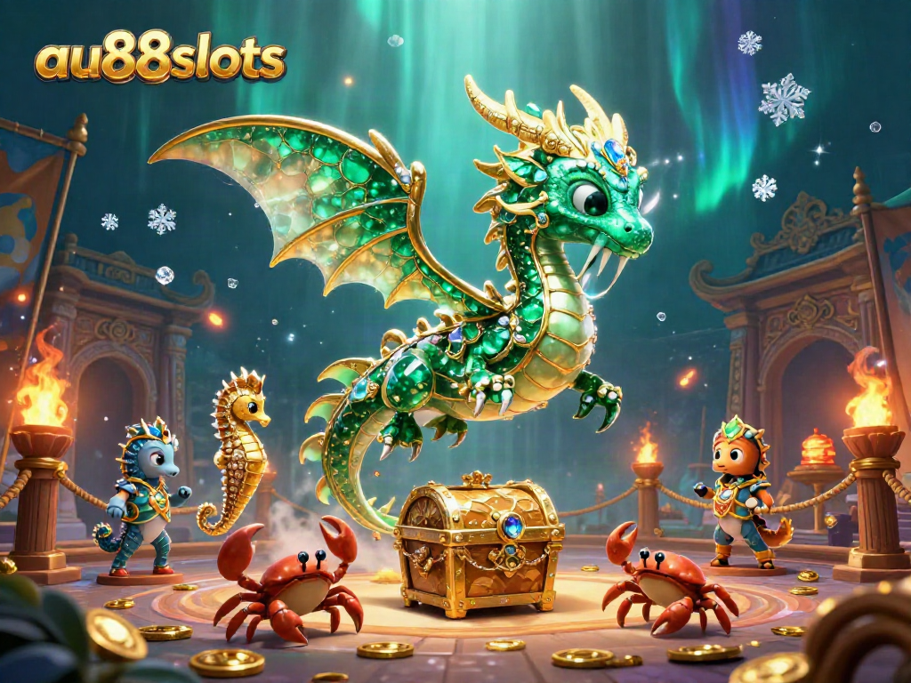 Experience the vibrant world of au88slots with a majestic sea dragon and treasure in a dynamic casino scene.