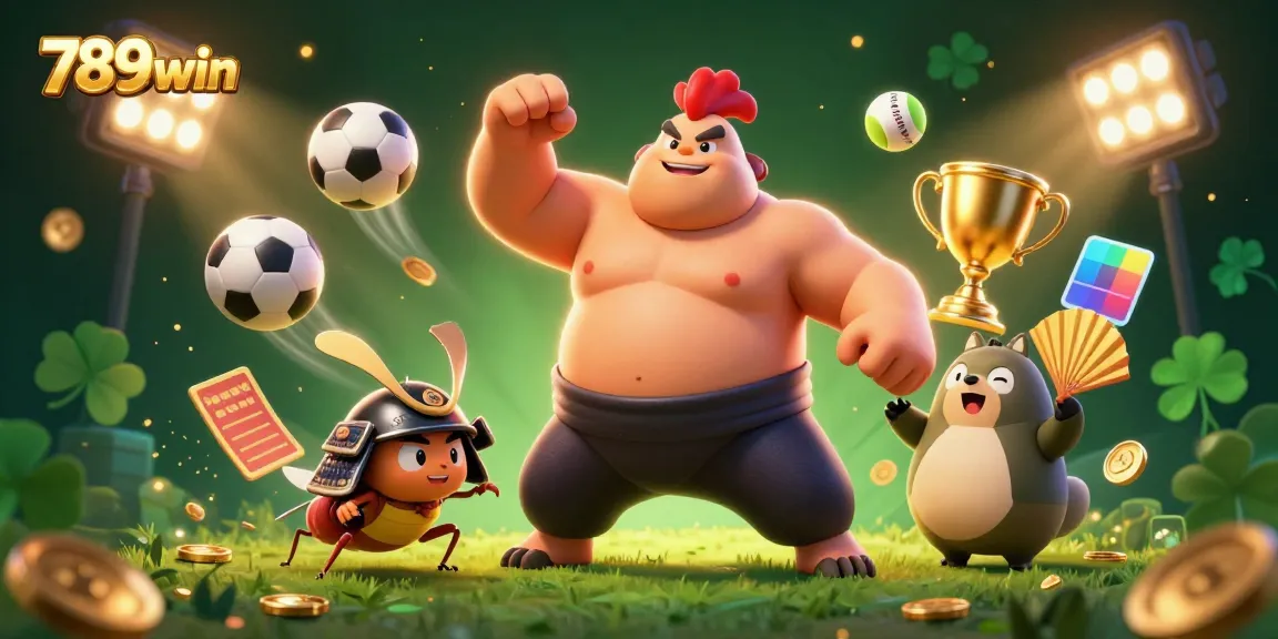 Engaging 789win scene showcasing powerful rooster sumo wrestler surrounded by dynamic sports elements.