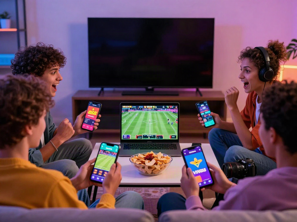 Diverse group enjoying sports betting on mobile devices at https://vin88.team/ in a lively home setting.