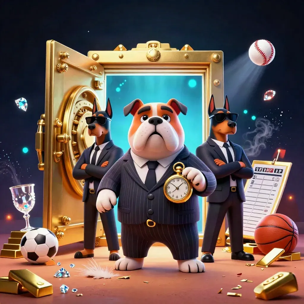 Bulldog boss and dobermans amid vault gold, sports balls, and cyan casino light.