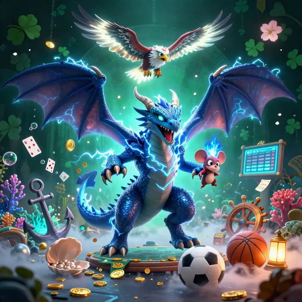 Thunder dragon, glowing hawk, and static mouse amid treasure, neon casino symbols, and underwater light.