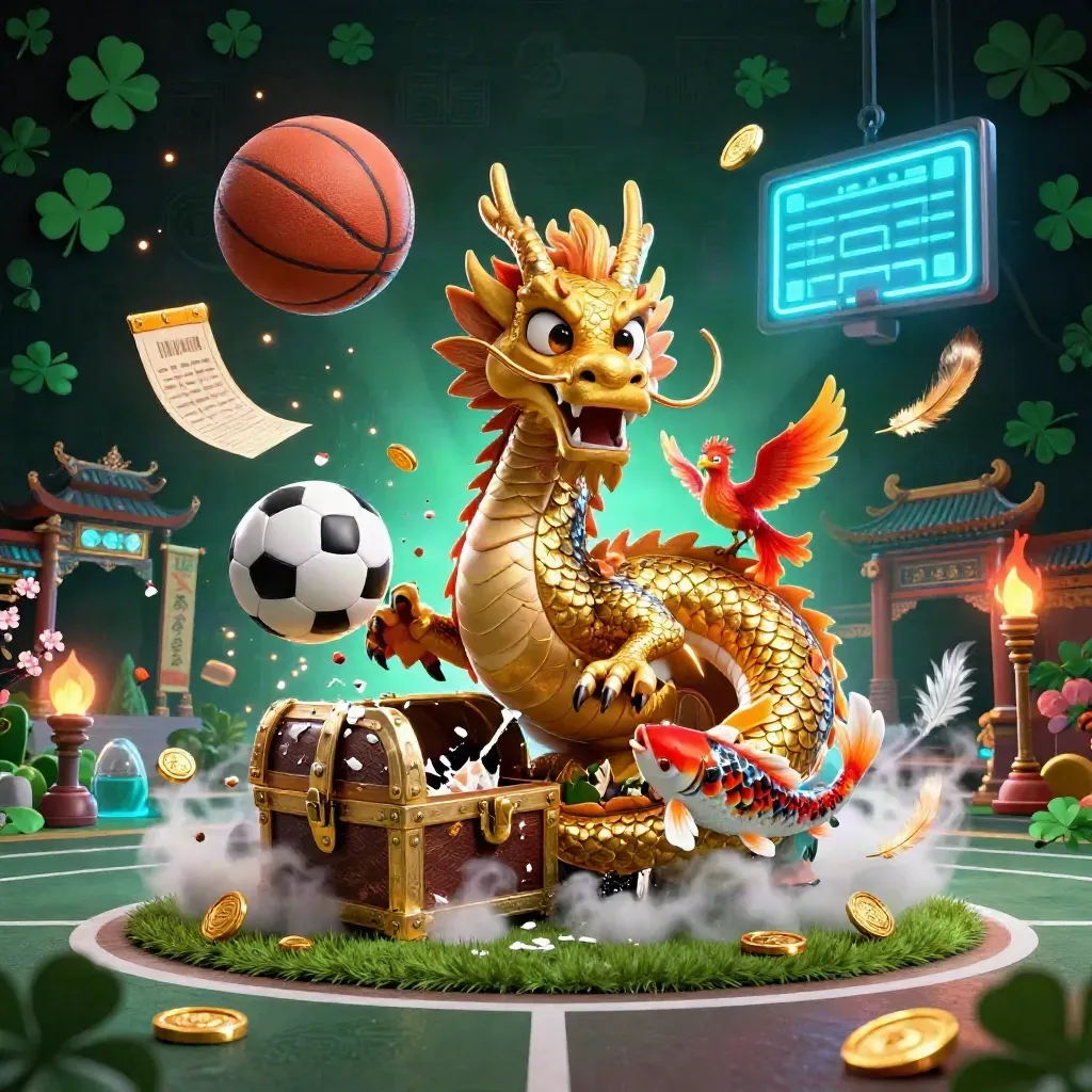 Golden dragon with phoenix and koi amid basketball, soccer ball, coins, and neon casino lights